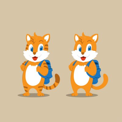 Sticker Katze für Kinder mit blauem Rucksack auf zwei Pfoten stehend