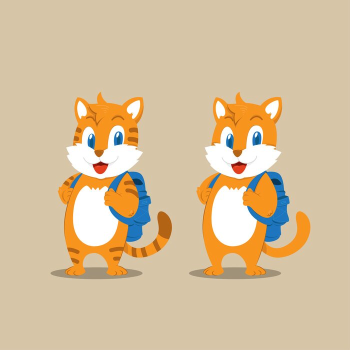 Sticker Katze für Kinder mit blauem Rucksack auf zwei Pfoten stehend