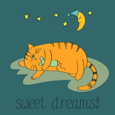Sticker Katze für Kinder mit Plüschtier schlafend Grafik für die Gute-Nacht-Zeit