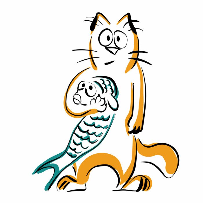 Sticker Katze mit Fisch in Pfoten Grafik