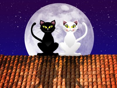 Sticker Katzen auf einem Dach und Vollmond