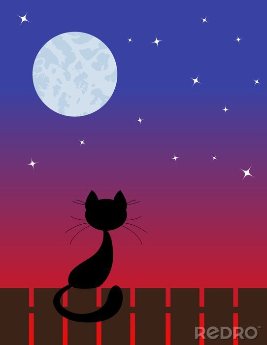 Sticker Katzen schwarze Katze sitzt auf einem Zaun und schaut den Mond an