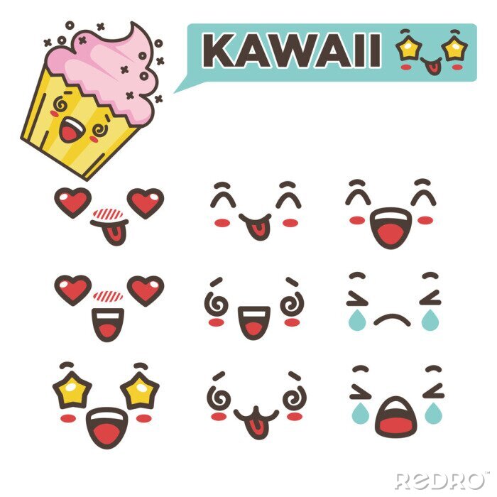 Sticker Kawaii Emojis Set asiatische japanische Smileys Vektor-Illustration