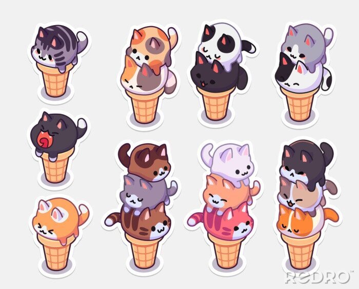 Sticker kawaii ice cream cats stickers. ice cream with different balls in the form of round kittens in the waffle cone. Funny stickers for your design.