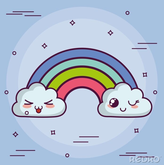 Sticker Kawaii Wolke mit einem Regenbogen-Symbol über lila Hintergrund. Buntes Design. Vektor-Illustration