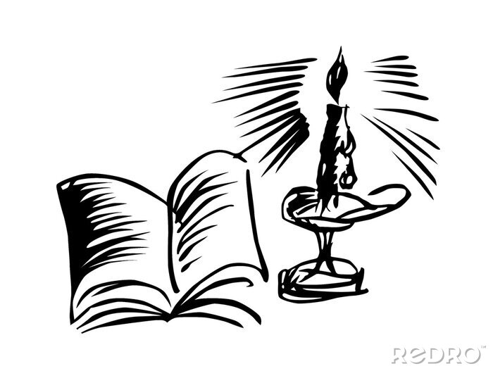 Sticker Kerze mit Buch auf schwarzem Hintergrund