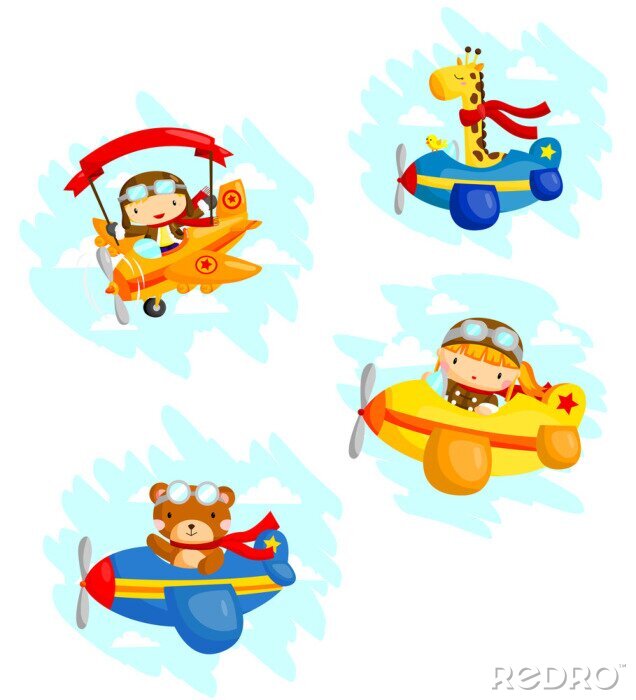 Sticker Kinder und Haustiere in kleinen Flugzeugen