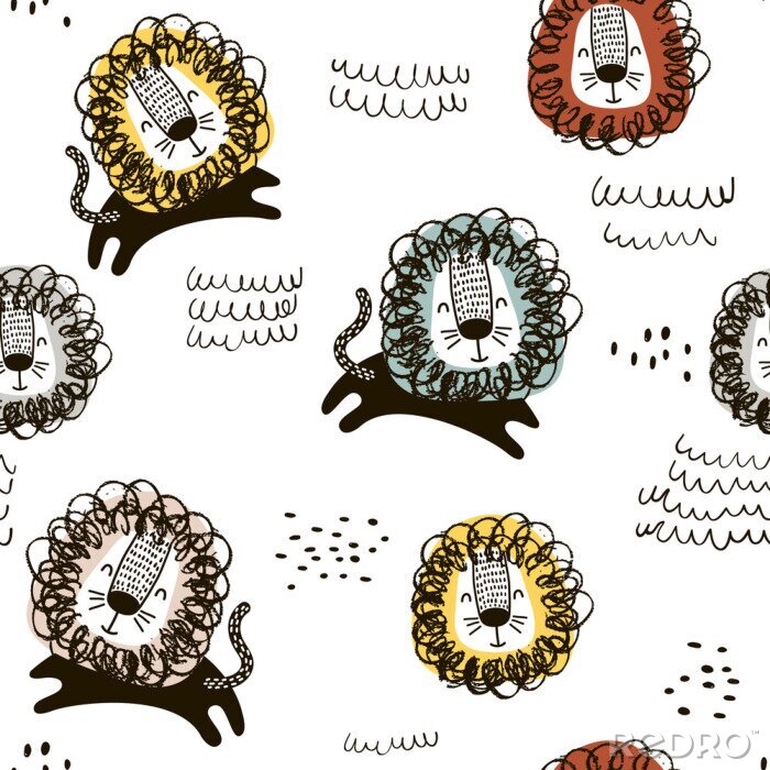 Sticker Kindisches nahtloses Muster mit Hand gezeichneten Löwen. Modischer skandinavischer Vektorhintergrund. Vervollkommnen Sie für Kinderbekleidung, Gewebe, Gewebe, Kinderzimmerdekoration, Packpapier
