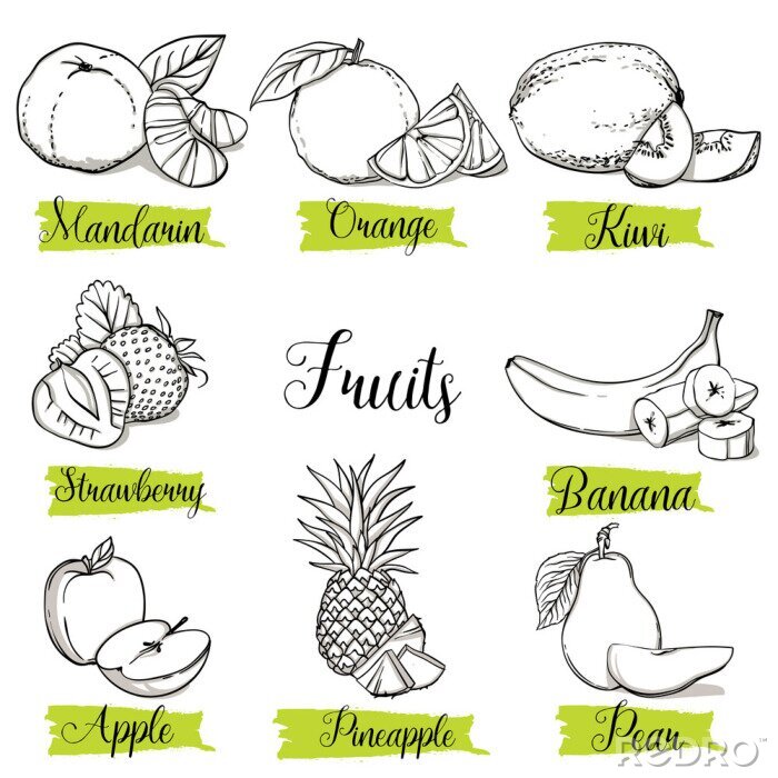 Sticker Kiwis und andere Früchte schwarz-weiße Grafiken