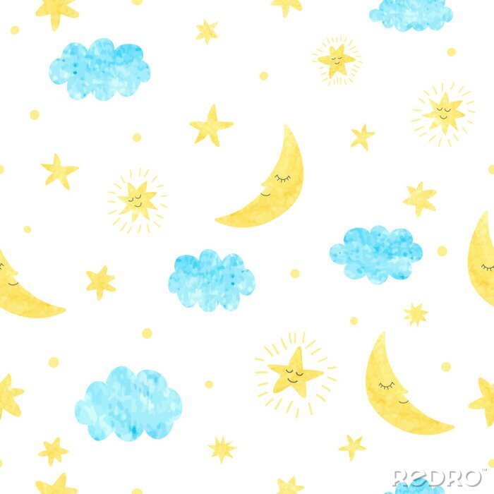 Sticker Kleine Aquarellsterne Mond und Wolken