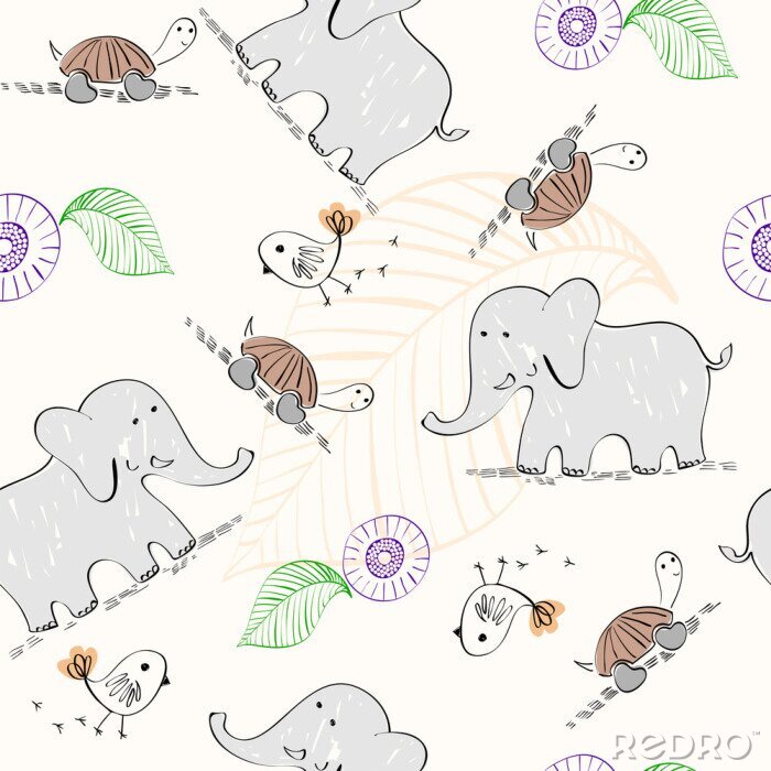 Sticker Kleine Elefanten Schildkröten und Vögel
