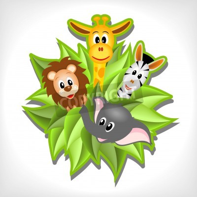 Sticker kleiner Karikaturelefant, Giraffe, Löwe und Zebra auf Hintergrund von grünen Blättern - Vektorillustration