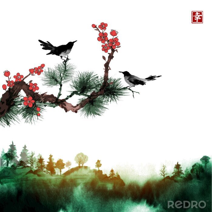Sticker Kleiner Vogel, Kiefer und Kirschblüte verzweigt sich und grüne Bäume des Waldes im Nebel. Traditionelle orientalische Tuschemalerei sumi-e, u-sin, go-hua. Enthält Hieroglyphe - Glück.