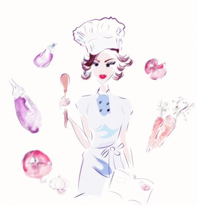 Sticker Köchin in einer Schürze umgeben von Gemüse