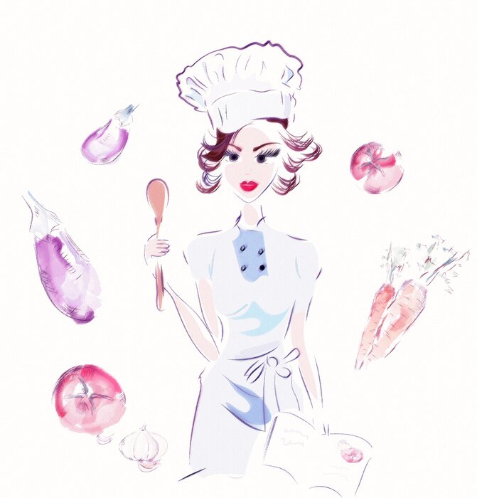 Sticker Köchin in einer Schürze umgeben von Gemüse