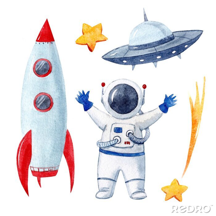 Sticker Komet Astronaut Sterne und Rakete Zeichnung