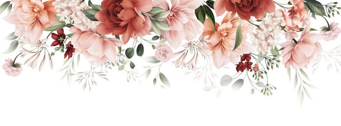 Sticker Komposition aus hängenden Blumen auf weißem Hintergrund