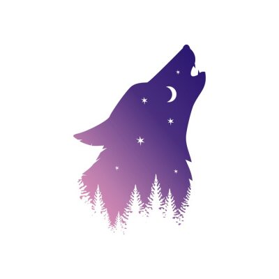 Sticker Kopf eines den Mond anheulenden Wolfs und Bäume