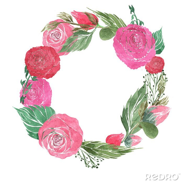 Sticker Kranz aus Rosen, Pfingstrosen, Knospen, Blätter, Blütenblätter, Hand