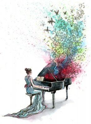 Sticker Künstlerin in einem Kleid am Klavier