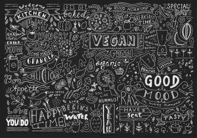 Sticker Kulinarische Grafiken und Aufschriften auf schwarzem Hintergrund