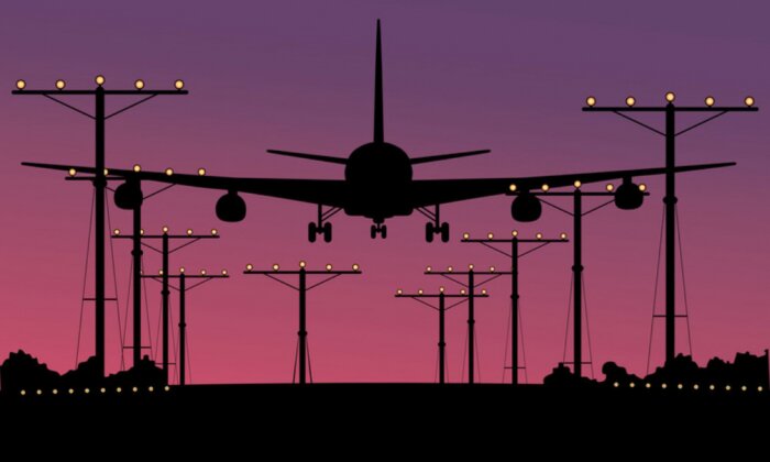 Sticker Landendes Flugzeug bei Nacht