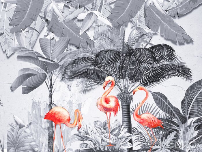 Sticker Landscape monochrome background, jungle, palm trees and large plants, large feathers, three pink flamingos