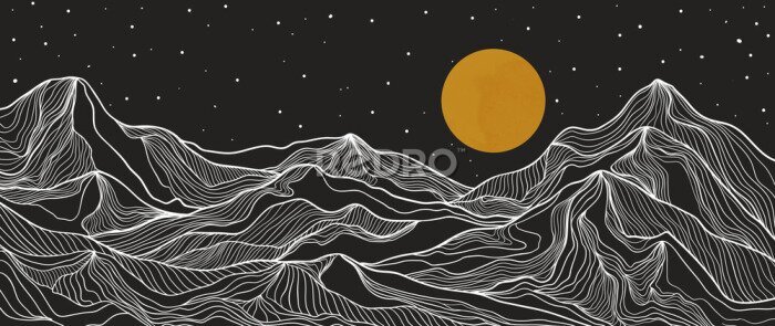 Sticker Landscape wallpaper design with Golden mountain line arts, luxury background design for cover, invitation background, packaging design, fabric, and print. Vector illustration.