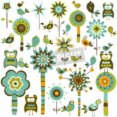 Sticker launischer Wald mit Blumenbäumen und Vögeln