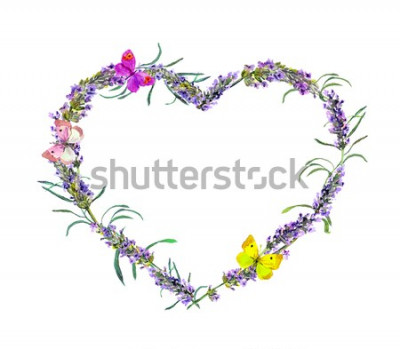 Sticker Lavendel Blumen und Schmetterlinge. Aquarellblumenherzrahmen für Valentinstag, heiratend
