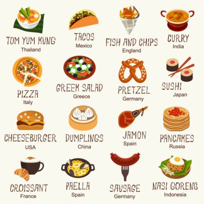 Sticker Leckeres Essen aus verschiedenen Ländern der Welt