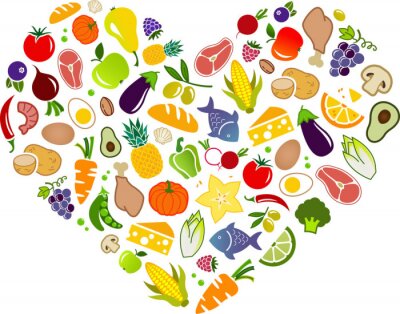 Sticker Leckeres Essen Grafiken in einem Herzen angeordnet