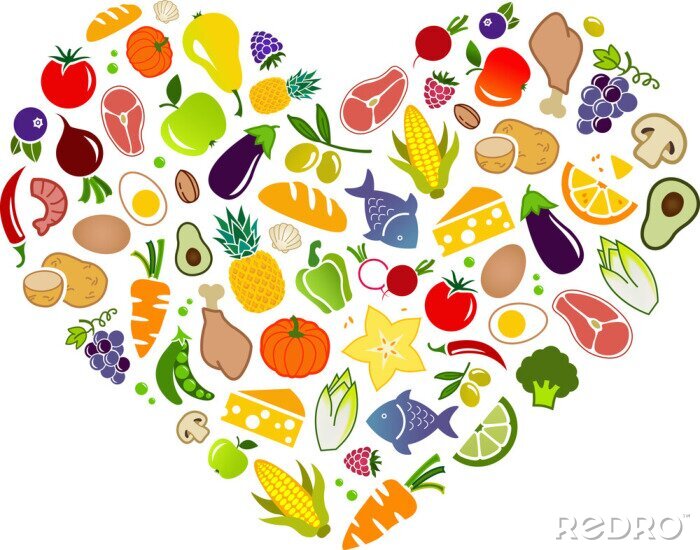 Sticker Leckeres Essen Grafiken in einem Herzen angeordnet