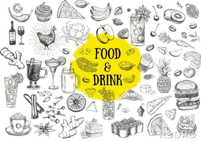 Sticker Leckeres Essen Sammlung von Schwarz-Weiß-Zeichnungen