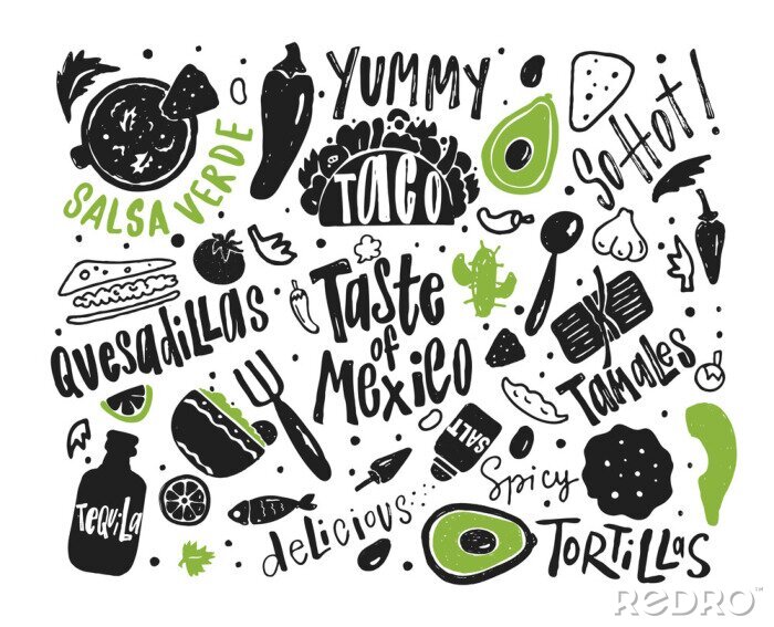 Sticker Leckeres mexikanisches Essen Zeichnungen und Aufschriften