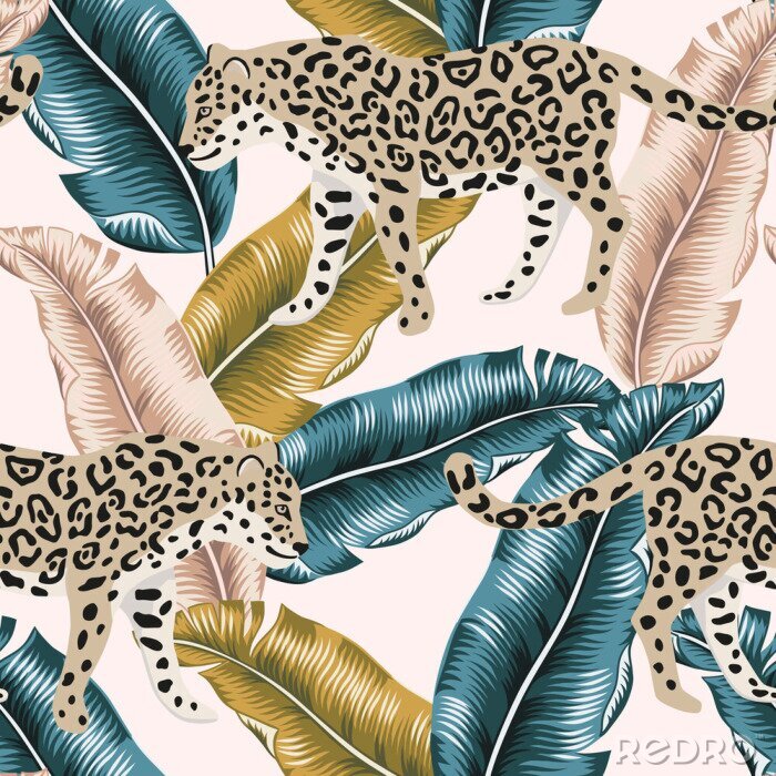 Sticker Leoparden und Hintergrund mit tropischen Pflanzen