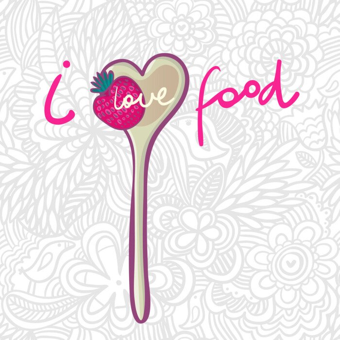 Sticker Liebevoll zu essen - niedlichen Cartoon-Konzept-Hintergrund