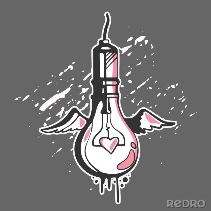 Sticker Light bulb concept in graffiti style with wings and heart, vector illustration.