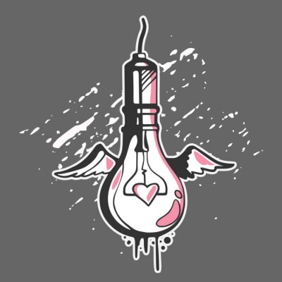 Sticker Light bulb concept in graffiti style with wings and heart, vector illustration.