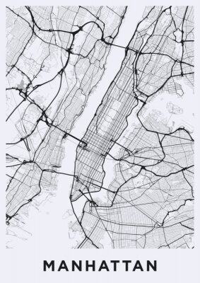 Sticker Light Manhattan (New York) map. Road map of Manhattan (NYC). Black and white (light) illustration of Manhattan's streets. Transport network of Manhattan. Printable poster format (portrait).