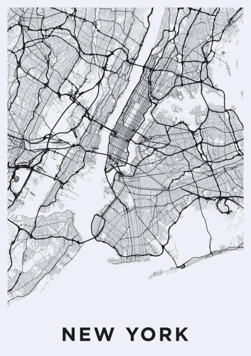 Sticker Light New York City map. Road map of New York (United States). Black and white (light) illustration of new york streets. Transport network of the Big Apple. Printable poster format (portrait).