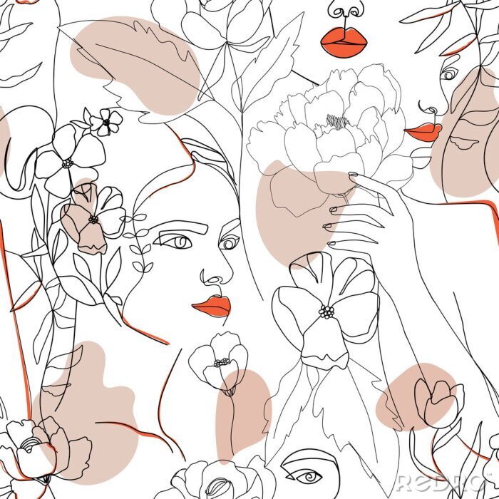 Sticker Line Art Gesichter inmitten von Blumen