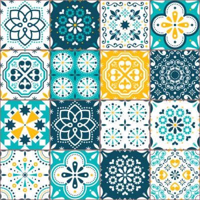Sticker Lisbon Azujelo vector seamless tiles design - Portuguese retro pattern in turqouoise and yellow, tile big collection