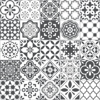 Sticker Lisbon geometric Azulejo tile vector pattern, Portuguese or Spanish retro old tiles mosaic, Mediterranean seamless gray and white design 	