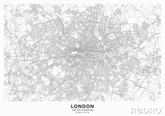 Sticker London city map poster. Detailed map of London (United Kingdom). Transport system of the city. Includes properly grouped map features (water objects, railroads, roads etc).