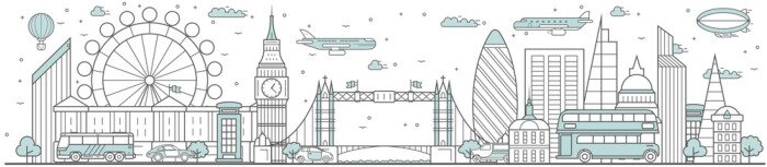 Sticker London skyline. Line cityscape with building landmarks horizontal panorama. London skyline with Big Ben, Tower Bridge street city sights. Capital city constructions outline, architecture concept