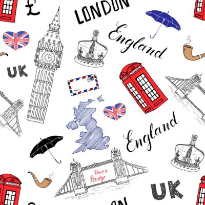 London Stadt doodles Elemente nahtlose Muster. Mit Hand gezeichneten Turm Brücke, Krone, Big Ben, roten Bus, UK-Karte, Flagge und Schriftzug, Vektor-Illustration isoliert