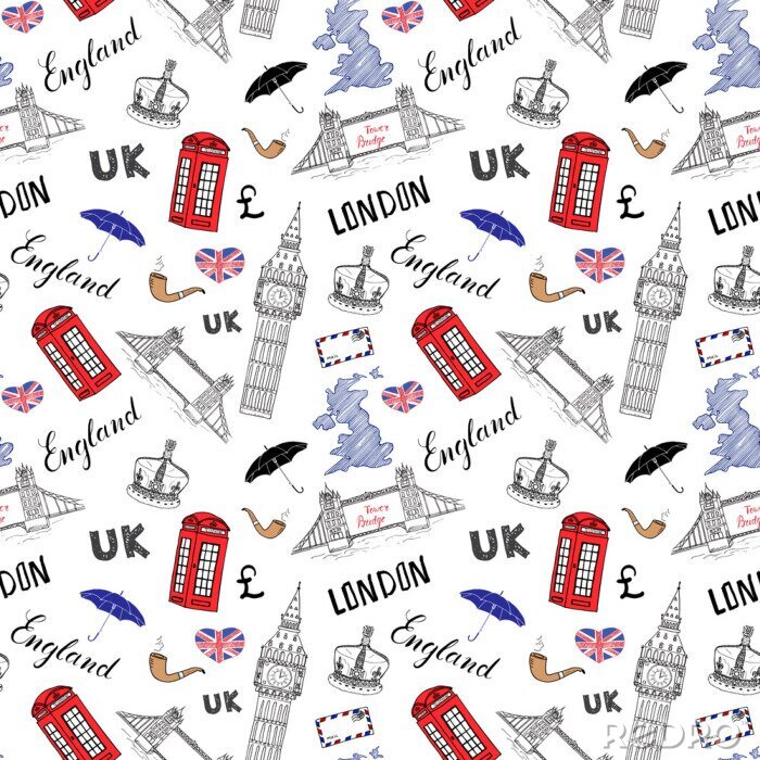 Sticker London Stadt doodles Elemente nahtlose Muster. Mit Hand gezeichneten Turm Brücke, Krone, Big Ben, roten Bus, UK-Karte, Flagge und Schriftzug, Vektor-Illustration isoliert