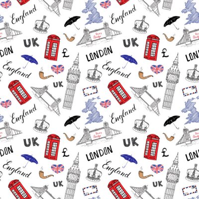 Tapete London Stadt doodles Elemente nahtlose Muster. Mit Hand gezeichneten Turm Brücke, Krone, Big Ben, roten Bus, UK-Karte, Flagge und Schriftzug, Vektor-Illustration isoliert