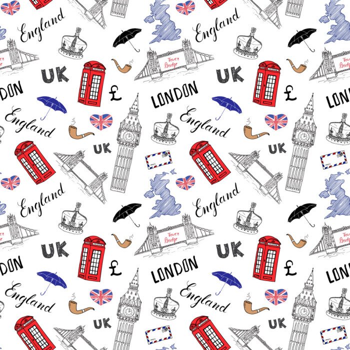 Sticker London Stadt doodles Elemente nahtlose Muster. Mit Hand gezeichneten Turm Brücke, Krone, Big Ben, roten Bus, UK-Karte, Flagge und Schriftzug, Vektor-Illustration isoliert